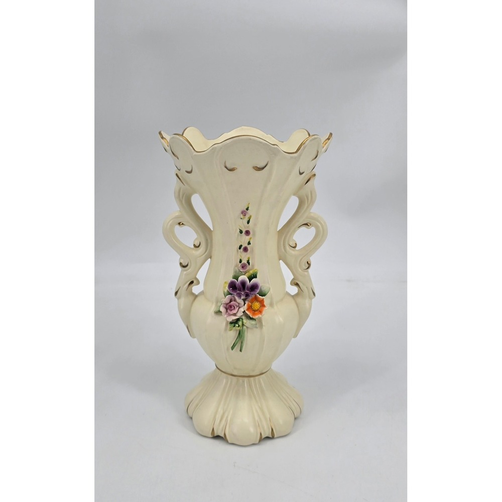 Vintage Ceramica Cuernavaca Mexico Porcelain Vase Applied Flowers Rococo 11.5"